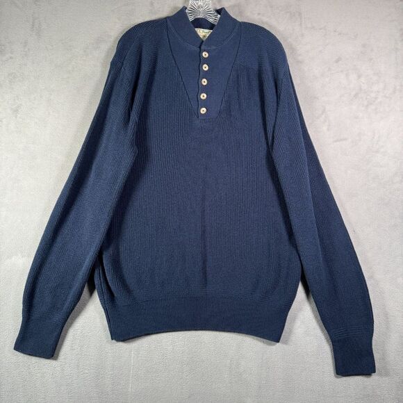VTG LL Bean Sweater Mens L Navy Blue Fishermans Henley Long Sleeve Pullover USA
